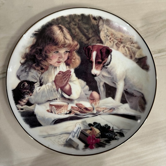None Other - Decorative Plate Little Girl Dog and Cat Vintage Decor Breakfast in Bed